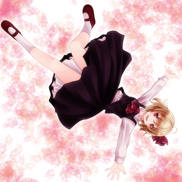 Anime picture 1500x1500 with touhou rumia s-syogo single short hair open mouth blonde hair red eyes spread arms falling girl dress