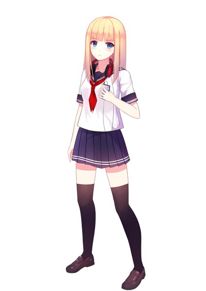 Anime picture 1920x2715 with original unscpro single long hair tall image looking at viewer highres blue eyes simple background blonde hair white background girl thighhighs skirt uniform black thighhighs serafuku shoes loafers