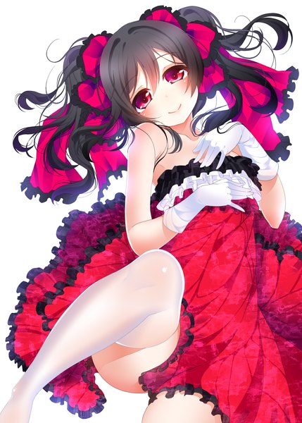Anime picture 1346x1884 with love live! school idol project sunrise (studio) love live! yazawa nico red disappointment single long hair tall image black hair simple background smile red eyes white background twintails girl thighhighs dress gloves ribbon (ribbons) hair ribbon