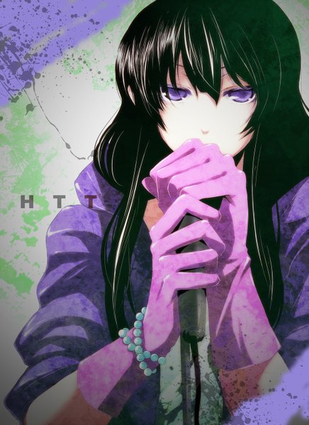 Anime picture 1000x1376 with k-on! kyoto animation akiyama mio pizaya single long hair tall image looking at viewer black hair purple eyes inscription open clothes twisty sleeves girl gloves bracelet hood jewelry microphone beads