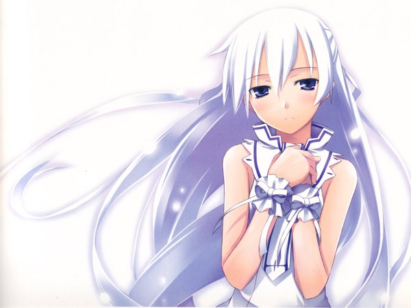 Anime picture 1600x1200 with shinigami no ballad momo (shinigami no ballad) nanakusa long hair blush simple background white background purple eyes bare shoulders white hair wind sleeveless girl wrist cuffs sundress