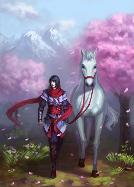 Anime picture 1440x2000 with piaoluo de fei yu long hair tall image signed sky purple hair wind black eyes mountain boy plant (plants) animal petals tree (trees) scarf armor grass horse