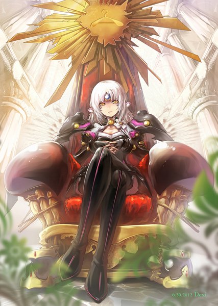 Anime picture 843x1185 with elsword eve (elsword) servati (szka) single long hair tall image looking at viewer fringe sitting yellow eyes white hair kneeling crossed legs text looking down girl boots armor leaf (leaves) thigh boots