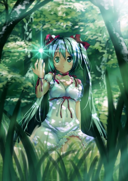 Anime picture 859x1214 with vocaloid hatsune miku nagareboshi single long hair tall image blush breasts twintails aqua eyes aqua hair :o alternate costume glowing glow girl dress ribbon (ribbons) plant (plants) hair ribbon