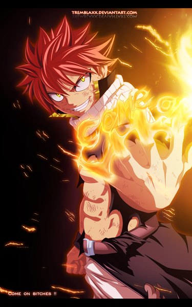 Anime picture 700x1120 with fairy tail natsu dragneel tremblax single tall image short hair yellow eyes pink hair inscription sleeveless grin coloring torn clothes magic light letterboxed muscle boy belt scarf