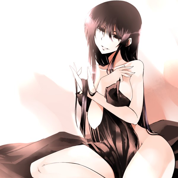 Anime picture 1600x1600 with kejourou long hair light erotic black hair simple background white background bare shoulders black eyes covering girl