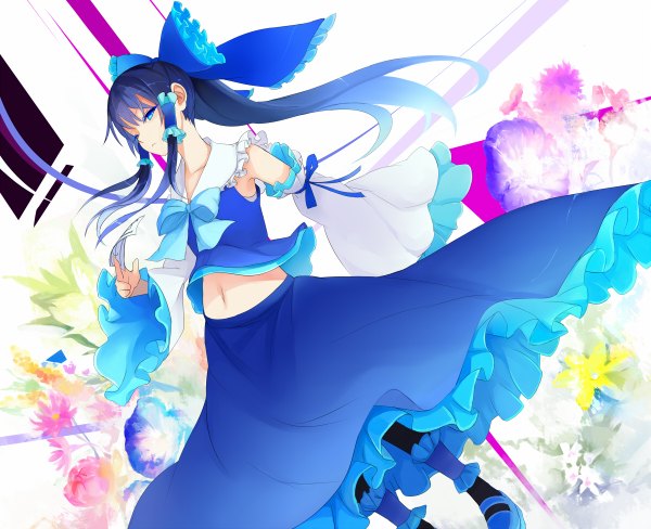 Anime picture 1200x976 with touhou hakurei reimu kyokucho single long hair blue eyes blue hair ponytail midriff alternate color girl dress navel flower (flowers) bow hair bow detached sleeves