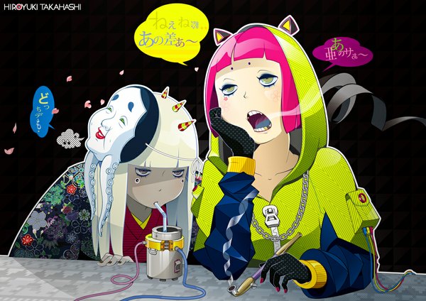 Anime picture 1100x778 with original hiroyuki takahashi long hair blush short hair open mouth blonde hair multiple girls holding green eyes pink hair nail polish traditional clothes japanese clothes inscription arm support mouth hold dark skin floral print hieroglyph