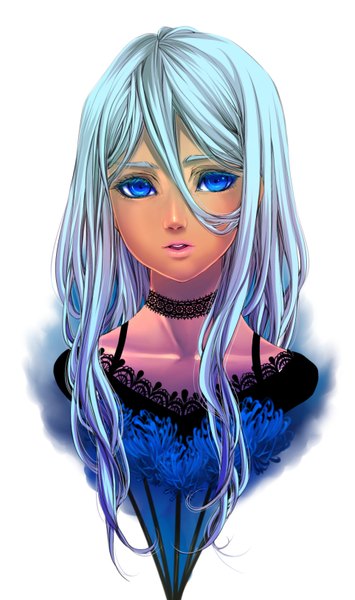 Anime picture 962x1626 with original aosuna single long hair tall image looking at viewer open mouth blue eyes simple background white background blue hair upper body face girl dress choker