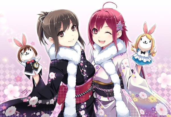 Anime picture 1459x1000 with alice in wonderland yamiyo ni odore alice (wonderland) white rabbit kokuro nozomi (female) sekitsu ayaka tel-o red eyes brown hair multiple girls brown eyes ahoge red hair traditional clothes japanese clothes one eye closed wink girl 2 girls kimono