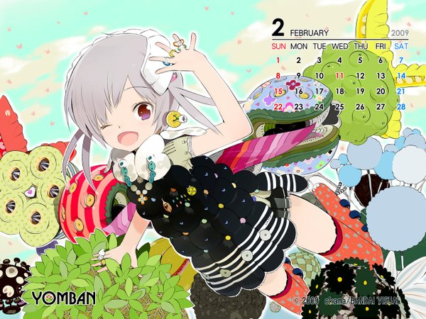 Anime picture 1280x960 with original yomban okama short hair twintails pink hair pink eyes zettai ryouiki flying calendar 2009 thighhighs flower (flowers) jewelry ring calendar