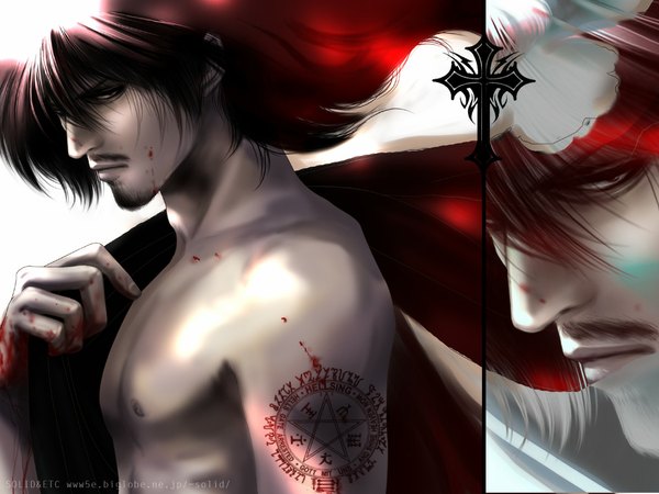 Anime picture 1024x768 with hellsing alucard (hellsing) solid&etc long hair looking at viewer simple background brown hair white background brown eyes profile wind tattoo close-up multiview boy blood cross splashes beard mustache