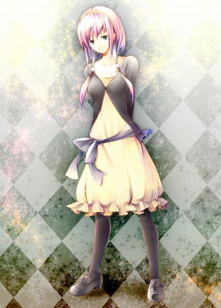 Anime picture 1200x1666 with original yoshino ryou single long hair tall image looking at viewer blue eyes silver hair checkered checkered background girl dress shoes