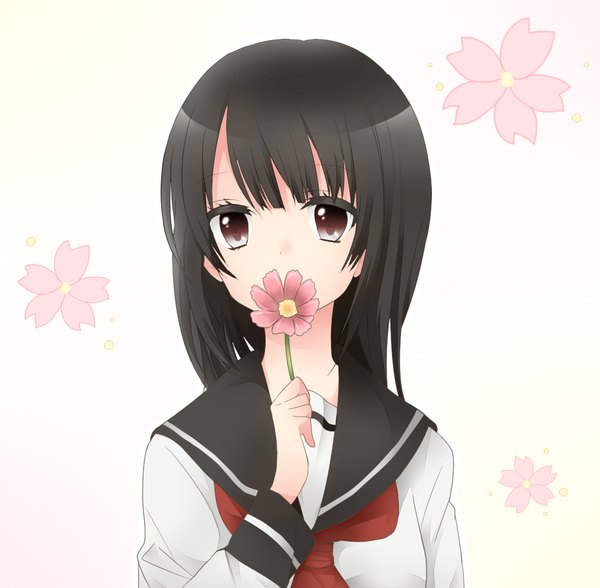 Anime picture 1053x1032 with original shunkashuutou single long hair black hair simple background white background brown eyes girl uniform flower (flowers) school uniform serafuku