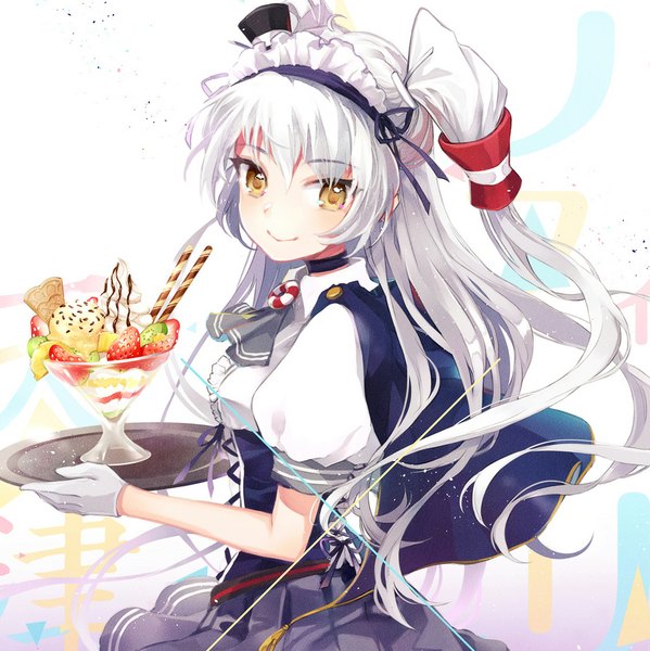 Anime picture 940x943 with kantai collection amatsukaze destroyer siting zeng single long hair tall image looking at viewer blush smile yellow eyes silver hair two side up puffy sleeves waitress adapted costume girl gloves white gloves headdress maid headdress