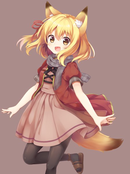 Anime picture 900x1200 with original kirara m. sunlight yatsuki yura single tall image looking at viewer fringe short hair open mouth blonde hair simple background smile hair between eyes standing animal ears yellow eyes tail :d animal tail short sleeves