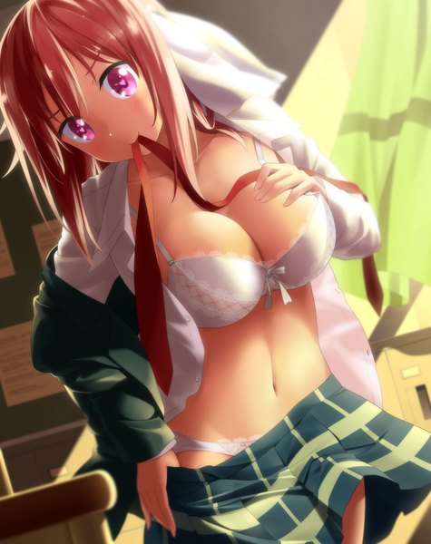 Anime picture 760x960 with sakura trick studio deen takayama haruka haribote (tarao) single long hair tall image breasts light erotic smile large breasts holding cleavage red hair pleated skirt pink eyes sunlight open clothes open shirt mouth hold