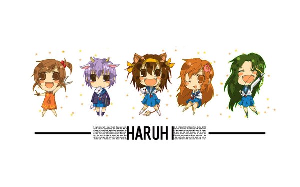 Anime picture 1280x800 with suzumiya haruhi no yuutsu kyoto animation suzumiya haruhi nagato yuki asahina mikuru tsuruya kyon no imouto wide image white background animal ears tail chibi girl serafuku