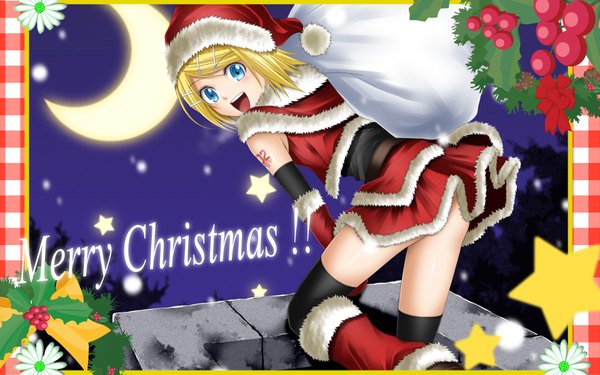 Anime picture 1920x1200 with vocaloid kagamine rin kuromayu fringe highres short hair open mouth blue eyes blonde hair wide image bent knee (knees) fur trim christmas framed crescent merry christmas girl thighhighs gloves hair ornament