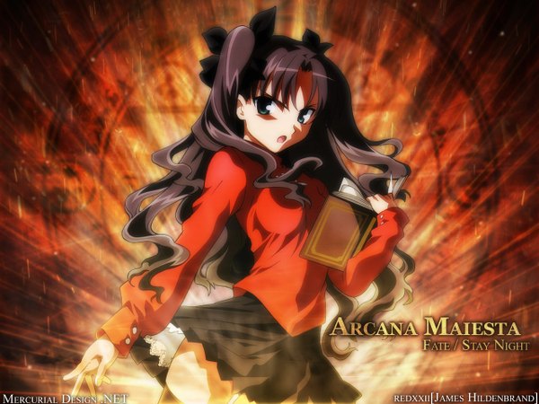 Anime picture 1280x960 with fate (series) fate/stay night studio deen type-moon toosaka rin james hildenbrand (redxxii) single long hair looking at viewer open mouth blue eyes black hair twintails holding green eyes signed pleated skirt two side up zettai ryouiki copyright name