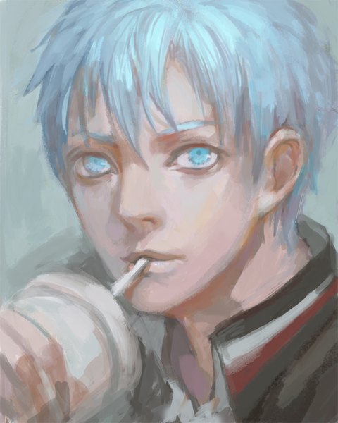Anime picture 800x1000 with kuroko no basket production i.g kuroko tetsuya hkun konnan single tall image short hair blue eyes simple background blue hair looking up face drinking boy drink disposable cup