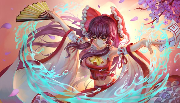 Anime picture 3000x1727 with touhou hakurei reimu aaeru single long hair highres wide image brown eyes looking away purple hair traditional clothes japanese clothes midriff glowing miko girl navel flower (flowers) bow hair bow