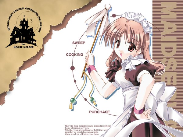 Anime picture 1024x768 with kiba satoshi long hair brown hair brown eyes maid wallpaper drill hair ranguage engrish feather duster