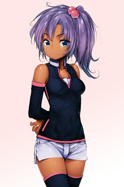 Anime picture 783x1179 with sd gundam g generation rachel ransom zizi (zz22) single long hair tall image looking at viewer blue eyes smile standing bare shoulders purple hair zettai ryouiki gradient background dark skin hands behind back girl thighhighs detached sleeves shorts
