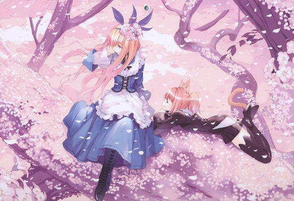 Anime picture 6970x4764 with alice in wonderland alice (wonderland) cheshire cat ueda ryou long hair highres short hair blue eyes blonde hair sitting multiple girls animal ears absurdres lying eyes closed profile wind cat ears cat girl cat tail