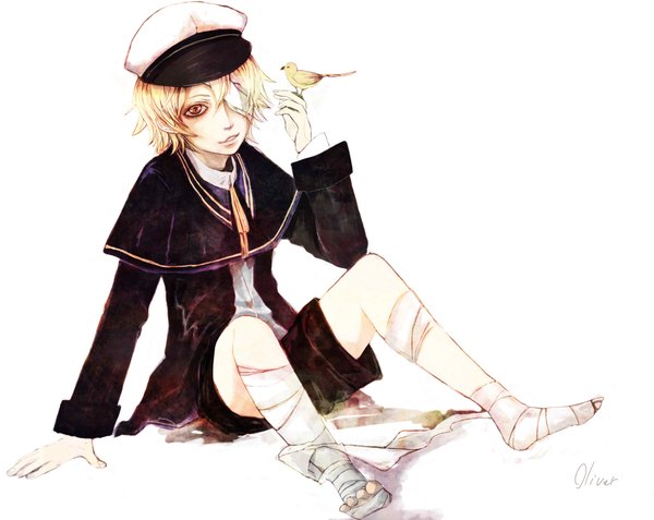 Anime picture 2000x1590 with vocaloid oliver james (vocaloid) single highres short hair open mouth blonde hair red eyes no shoes bandage over one eye boy hat animal shorts bird (birds) bandage (bandages) peaked cap
