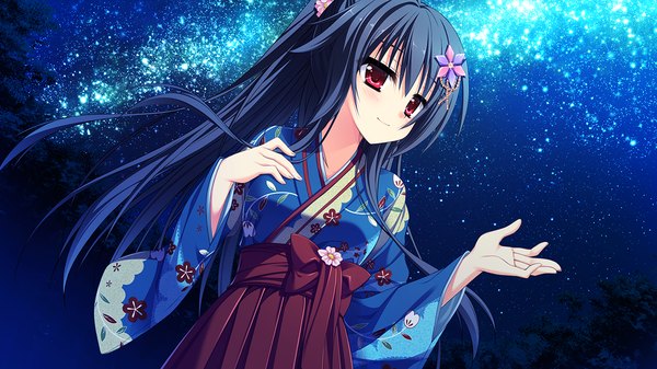 Anime picture 1280x720 with karumaruka circle amagase natsuki moribe (rabumanyo) long hair blush black hair smile red eyes wide image looking away game cg traditional clothes japanese clothes night night sky milky way girl hair ornament kimono star (stars)