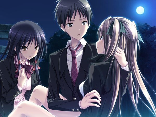 Anime picture 1024x768 with mirai nostalgia purple software anna (mirai nostalgia) kasuga iori koku long hair short hair black hair brown hair purple eyes multiple girls brown eyes game cg black eyes girl boy 2 girls serafuku moon