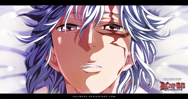Anime picture 1300x683 with d.gray-man allen walker salim202 single short hair wide image white hair pink eyes inscription tattoo tears coloring facial mark close-up face boy