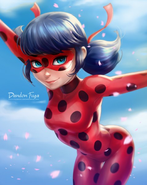 Anime picture 700x880 with miraculous ladybug marinette cheng ladybug (character) dandon fuga single tall image looking at viewer fringe short hair breasts blue eyes smile blue hair girl petals bodysuit mask