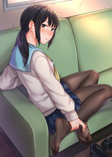 Anime picture 1051x1472 with original kyuuso inukami single long hair tall image looking at viewer blush fringe black hair hair between eyes sitting brown eyes payot indoors pleated skirt turning head shoes removed girl skirt uniform