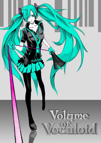Anime picture 1200x1697 with vocaloid hatsune miku kobuke single long hair tall image standing white background twintails very long hair aqua eyes aqua hair inscription grey background girl thighhighs skirt gloves black thighhighs necktie