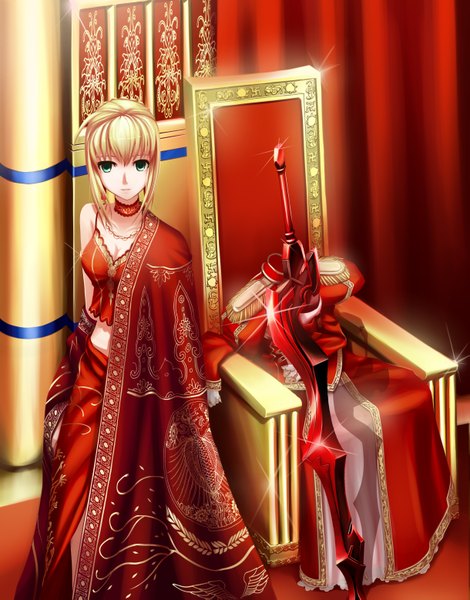 Anime picture 2438x3109 with fate (series) fate/stay night fate/extra studio deen type-moon artoria pendragon (all) saber nero claudius (fate) (all) nero claudius (fate) rhy1356 single tall image looking at viewer highres short hair blonde hair green eyes ahoge girl dress