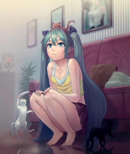 Anime picture 1137x1342 with vocaloid hatsune miku lasterk single tall image twintails very long hair barefoot aqua eyes aqua hair squat girl skirt ribbon (ribbons) hair ribbon miniskirt cat couch