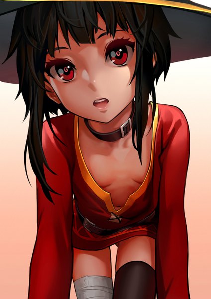 Anime picture 990x1400 with kono subarashii sekai ni shukufuku wo! studio deen megumin as109 single tall image looking at viewer fringe short hair breasts open mouth light erotic black hair red eyes white background long sleeves thigh gap ass visible through thighs on all fours girl