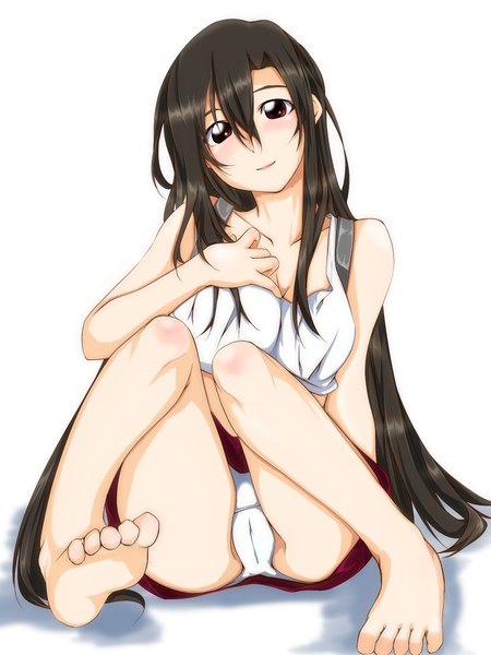Anime picture 768x1024 with final fantasy final fantasy vii square enix tifa lockhart mtbr581k single long hair tall image looking at viewer blush light erotic black hair simple background smile red eyes white background sitting bare shoulders barefoot bare legs