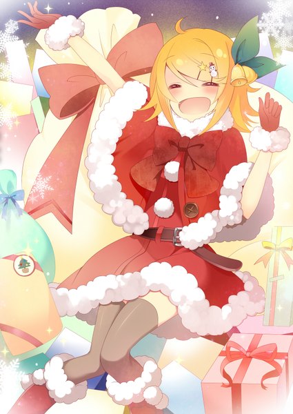 Anime picture 1200x1694 with vocaloid kagamine rin temari (deae) tall image blush fringe short hair open mouth blonde hair bent knee (knees) eyes closed fur trim christmas merry christmas girl thighhighs gloves hair ornament bow black thighhighs