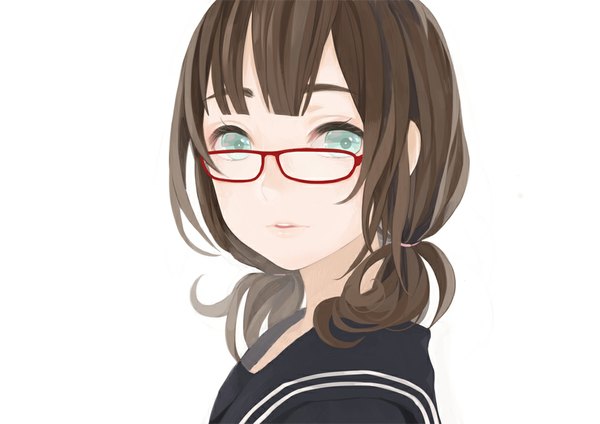 Anime picture 1000x707 with original mia0309 single fringe short hair simple background brown hair white background twintails looking away aqua eyes low twintails short twintails girl uniform glasses serafuku