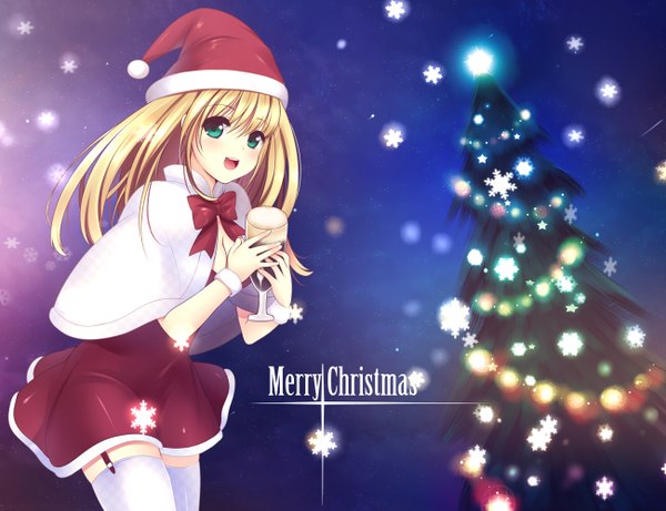 Anime picture 1300x1000 with original ainili (artist) single long hair looking at viewer blush fringe open mouth blonde hair standing green eyes snowing christmas merry christmas girl thighhighs dress white thighhighs santa claus hat snowflake (snowflakes)