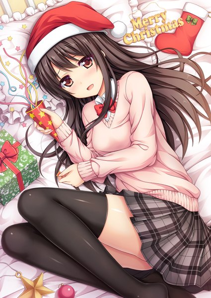 Anime picture 1378x1946 with original nakamura sumikage single long hair tall image looking at viewer open mouth black hair brown eyes lying fur trim christmas merry christmas girl thighhighs skirt black thighhighs hat fur sweater