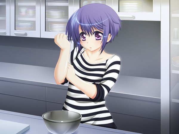 Anime picture 1024x768 with futari wa my angel short hair purple eyes blue hair game cg striped girl kitchen