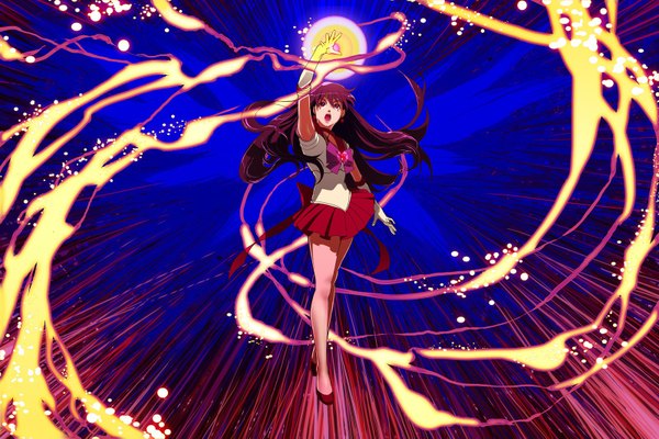 Anime picture 1600x1067 with bishoujo senshi sailor moon toei animation sailor mars skimlines single long hair open mouth purple eyes purple hair wind light girl gloves bow earrings wings heart star (stars) fire sailor suit