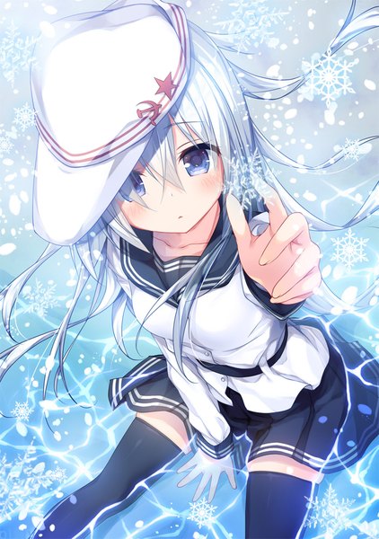 Anime picture 703x1000 with kantai collection hibiki destroyer verniy destroyer konomi (kino konomi) single long hair tall image looking at viewer blush fringe breasts blue eyes hair between eyes sitting silver hair pleated skirt from above wind arm support zettai ryouiki