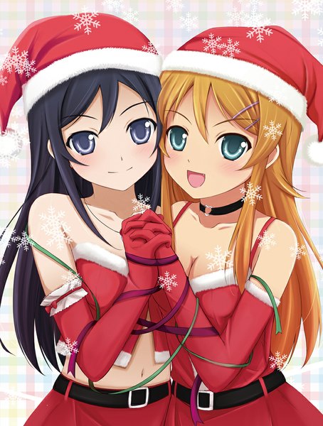 Anime picture 787x1039 with ore no imouto ga konna ni kawaii wake ga nai kousaka kirino aragaki ayase fllay (artist) long hair tall image blush open mouth blue eyes black hair blonde hair smile bare shoulders multiple girls fur trim christmas interlocked fingers girl dress gloves