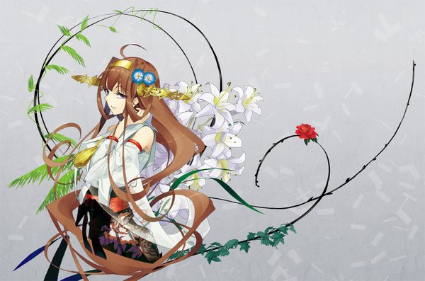 Anime picture 1500x994 with kantai collection kongou battleship tsurukame single looking at viewer fringe brown hair brown eyes ahoge very long hair traditional clothes japanese clothes hair flower nontraditional miko girl hair ornament flower (flowers) plant (plants) headdress rose (roses)