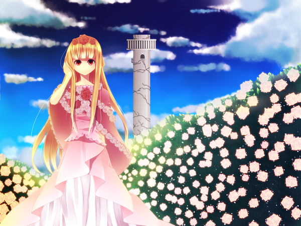 Anime picture 1058x797 with sound horizon aoi koto madoka single long hair looking at viewer blonde hair red eyes sky cloud (clouds) hair flower girl dress hair ornament flower (flowers) tower
